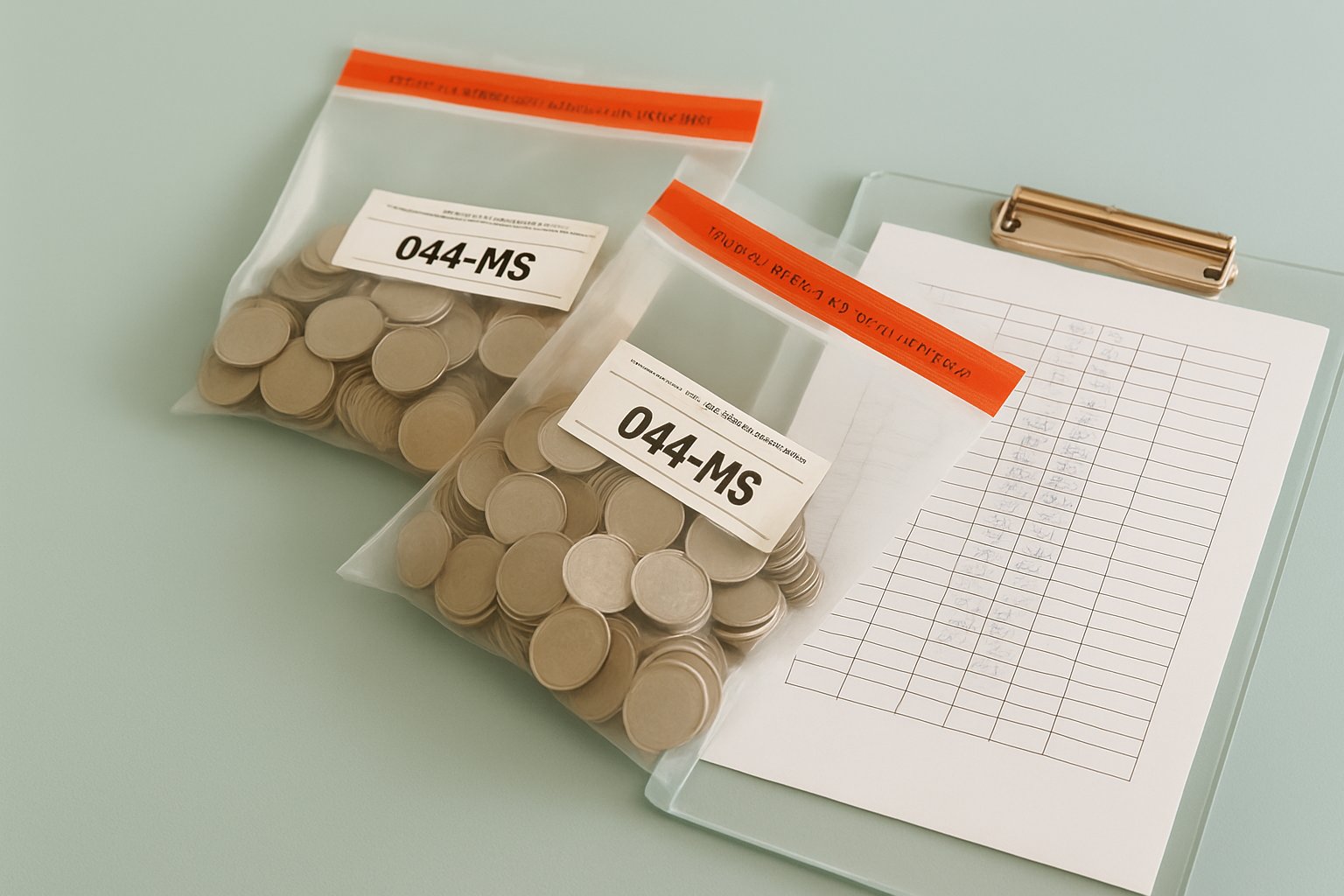 Two sealed, tamper‑evident donation bags with tokens beside a ledger on a clipboard, on a light‑teal desk.